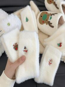 5双装女士圣诞袜，白色蓬松刺绣节日袜，厚实保暖绒面材质，95%涤纶，5%氨纶针织面料，可手洗节日袜（1/3/5双套装） - 彩色 - 查看 6