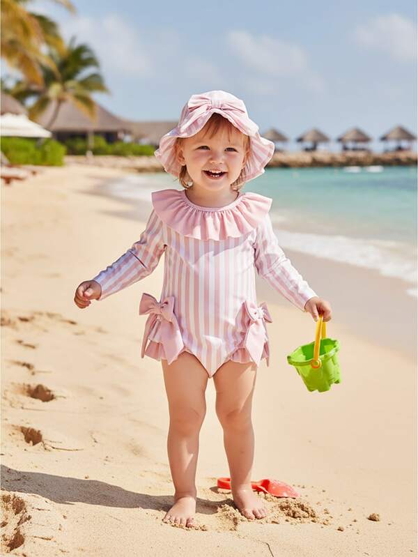 0-3 Years Baby Girls Swimsuit, Striped Bow Bikini With Hat Newborn Swimwear For Summer Bathing