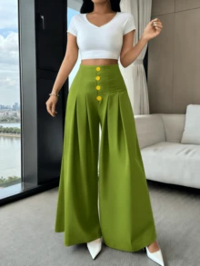 Women's Loose-Fitting Wide-Leg Pants, Solid Color, With Front Buttons And Pleats, Sizes S, M, L - 青檸色 - 查看 4