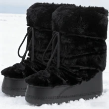 Black Furry Faux Fur Snow Boots For Women Fuzzy Fluffy Water Resistant Winter Womens Snow Boots With Cotton Sponge Lined, Anti-Slip TPR Rubber Sole, Lace-Up Mid-Calf Boots - màu đen - Xem 6