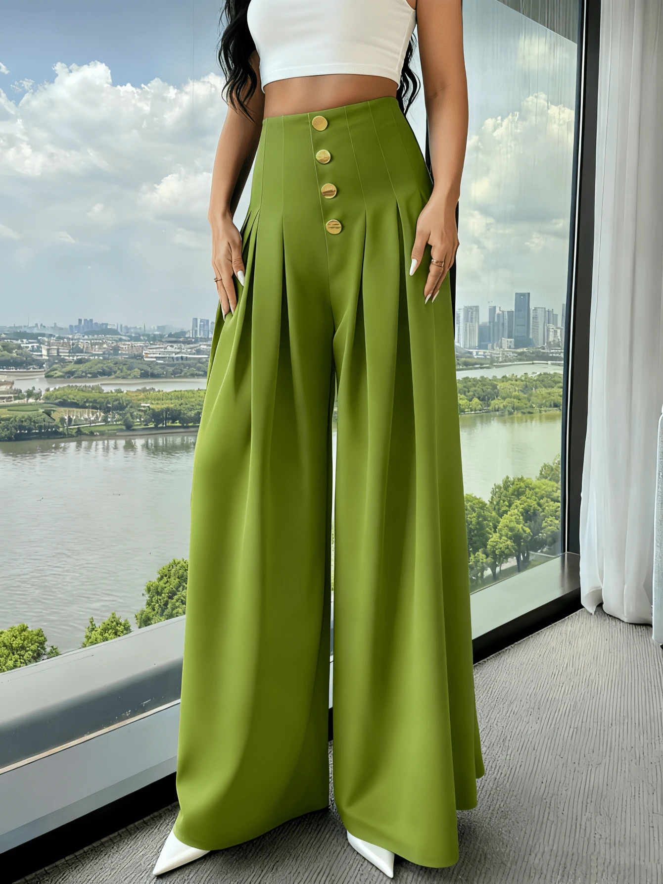 Women's Loose-Fitting Wide-Leg Pants, Solid Color, With Front Buttons And Pleats, Sizes S, M, L - 青檸色 - 查看 1