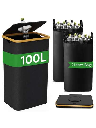 100L Large Capacity Trash Can With Lid - 29 Gallon Kitchen Garbage Bin, Comes With 1 Removable Reusable Inner Bag, Suitable For Bottles, Cans, Plastics And Glass, Multi-Purpose Waste Sorting Trash Can For Home, Apartment, Office And Dorm, Perfect Gift For Family, Friends, Christmas, Valentine's Day, Birthday, Housewarming And Holidays