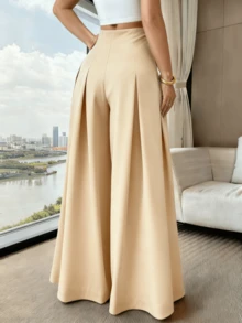 Women's Loose-Fitting Wide-Leg Pants, Solid Color, With Front Buttons And Pleats, Sizes S, M, L - Beige - View 3