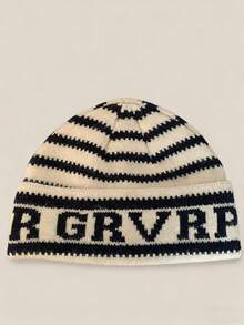 1pc Niche Striped Cuffed Letter Knit Beanie, Casual Versatile Warm Ear Protection Cold Weather Hat, Suitable For Christmas, Parties, Spring Festival, New Year And Other Holidays - Multicolor - View 10