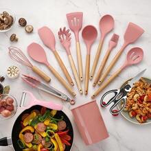 14-Piece Kitchen Cookware Set - Multi-Functional Cooking And Baking Tools - Suitable For Home/Professional Kitchens - Silicone With Heat-Resistant Wooden Handles