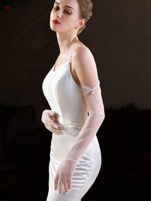 1 Pair Classic Bridal Sheer Long Gloves, Handmade Beaded Mesh Sheer Gloves, Minimalist Tulle Elbow Length Wedding Dress Accessories, Photography Prop Gloves, Wedding Accessories