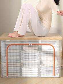 صندوق تخزين شفاف من البي في سي سعة 66 لتر، ذو هيكل إطار من الصلب، قابل للطي، مناسب لتخزين الملابس والملاءات، صندوق تخزين ملابس شفاف، ديكوري، مناسب للعطلات والغرف والمنزل وغرفة النوم، لتنظيم التخزين المنزلي، يمكن تخزين التيشيرتات البيضاء والبناطيل السوداء - متعدد الألوان - مشاهدة 3