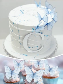 48只蝴蝶蛋糕装饰，天蓝色纸蝴蝶，适用于纸杯蛋糕、蛋糕，蝴蝶主题婴儿派对装饰、生日派对用品、春夏蛋糕装饰，适合女性女孩生日、周年纪念、婚礼等场合。 - 藍色 - 查看 2