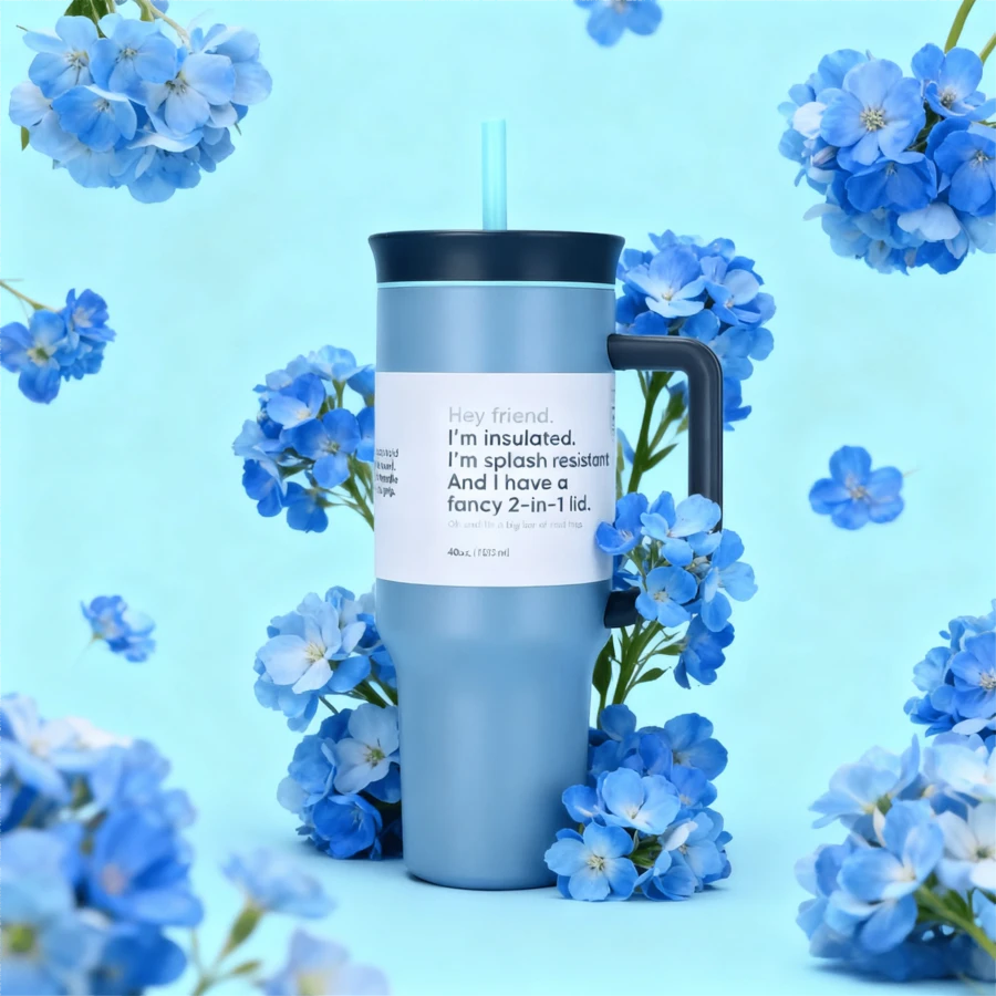 Botella de Agua Reutilizable de Acero Inoxidable Aislada 40 fl oz - Apt para Portavasos, Viaje & Uso Diario, Incluye Asa + Tapa con Popote, Regalo Unisex Ideal - Azul - Ver 1