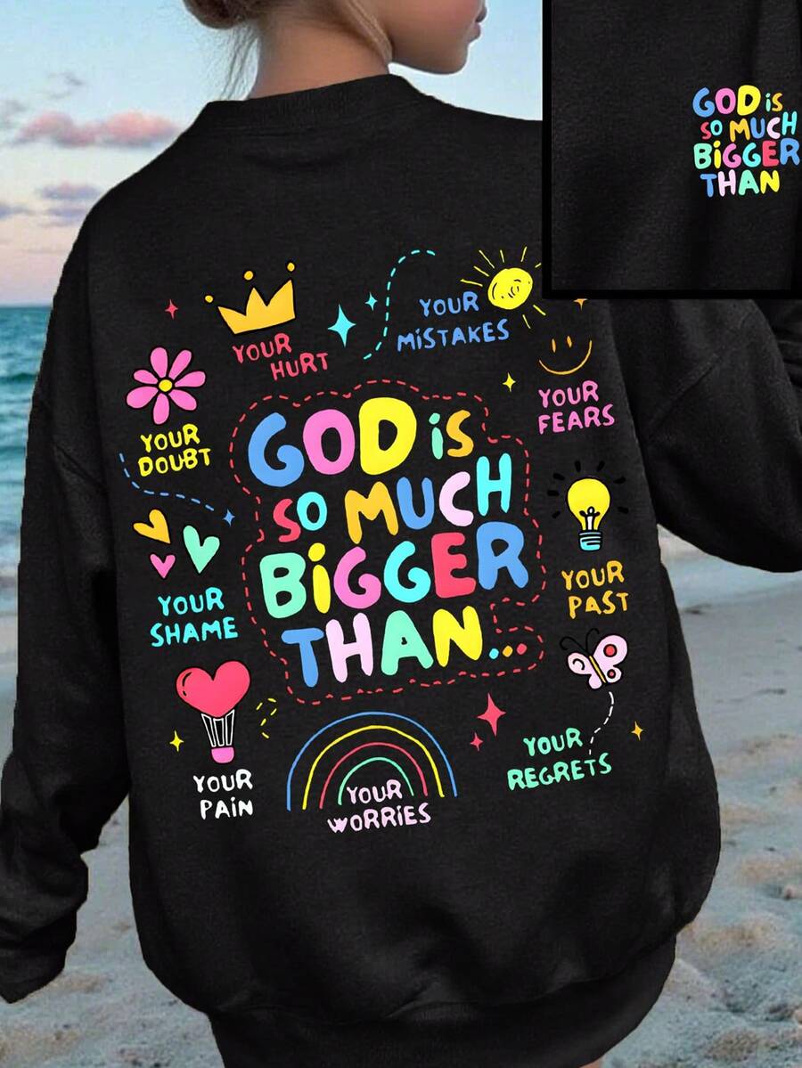 1pc Tween Girl Inspirational Graffiti Colorful Print Sweatshirt, Soft & Skin-Friendly, Suitable For Spring/Autumn Daily School Wear - Black - View 1