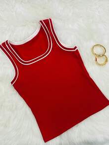 Women's Basic Tank Top In Plain Ribbed Fabric - Summer - Red - View 3