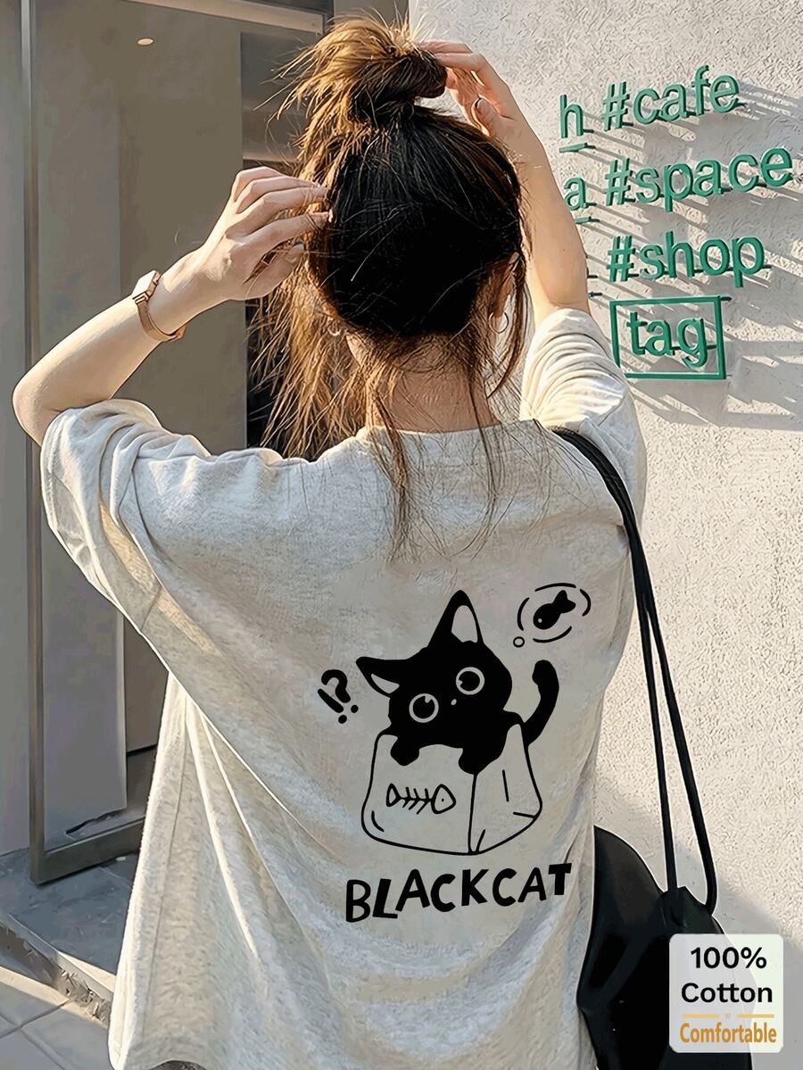 Cartoon Print Short Sleeve Mid-Length T-Shirt For Women, Stylish Graphic Tee Casual Summer - Gray - View 1