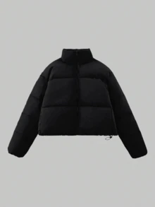 Áo khoác phồng ngắn giữ ấm cho nữ, cổ đứng màu đen, tay dài thông thường, khóa kéo và dây rút. Áo khoác ngắn ấm áp cổ đứng có dây rút màu trơn, đa năng cho nữ, thích hợp cho mùa đông, thu đông. Màu trơn, dáng rộng, áo nữ thời trang, phù hợp với thời tiết lạnh, áo chui đầu tay dài, thời trang đường phố, quần áo người lớn, nữ, quà tặng cho mẹ, áo mặc thường ngày bốn mùa, thường ngày, năm mới, quần áo màu đen, văn phòng/phòng khách/nhà/thể thao ngoài trời/cổ điển/đơn giản. - màu đen - Xem 7