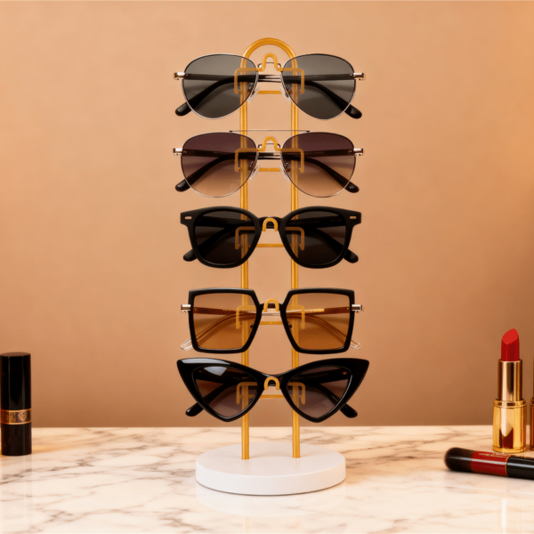 1 pieza Organizador de gafas de sol, soporte de almacenamiento de gafas de sol con marco de metal y base de madera, soporte para 5 pares de gafas para exhibición en mesa, escritorio, mostrador, tocador o dormitorio