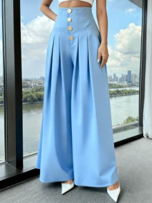 Women's Loose-Fitting Wide-Leg Pants, Solid Color, With Front Buttons And Pleats, Sizes S, M, L - 淺藍色 - 查看 3