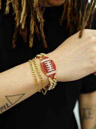 一件装嘻哈红色橄榄球合金手链，个性化全镶钻粗链手链，橄榄球运动配饰