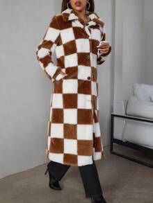 Eilly Bazar Fashionable Colorblock Houndstooth Faux Fur Jacket, Autumn/Winter - Coffee Brown - View 3