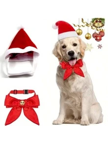 2pcs Creative Christmas Cat And Dog Pet Hat And Red Tie Set, Christmas Pet Creative Costume Set, Christmas Atmosphere Pet Photography Props, Suitable For Christmas Pet Decoration, Christmas Pet Photo Props, Christmas Atmosphere Decoration, Perfect Christmas Pet Supplies