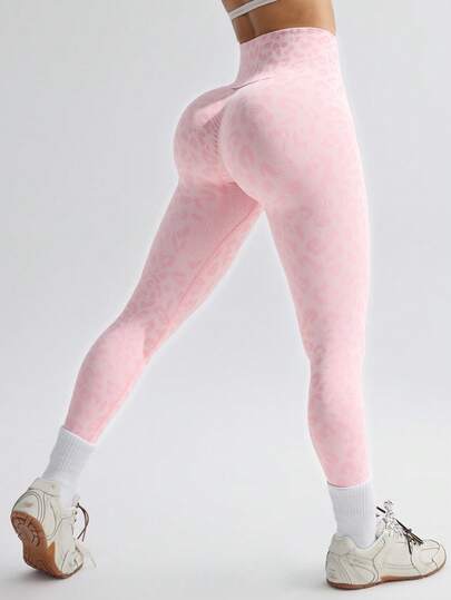 Leggings Yoga Mujer Sin Costuras, Pantalones Deportivos, Estampado Leopard Print Rosa Elástico, Estilo Dulce y Juvenil, Para Gimnasio/Streetwear/Daily