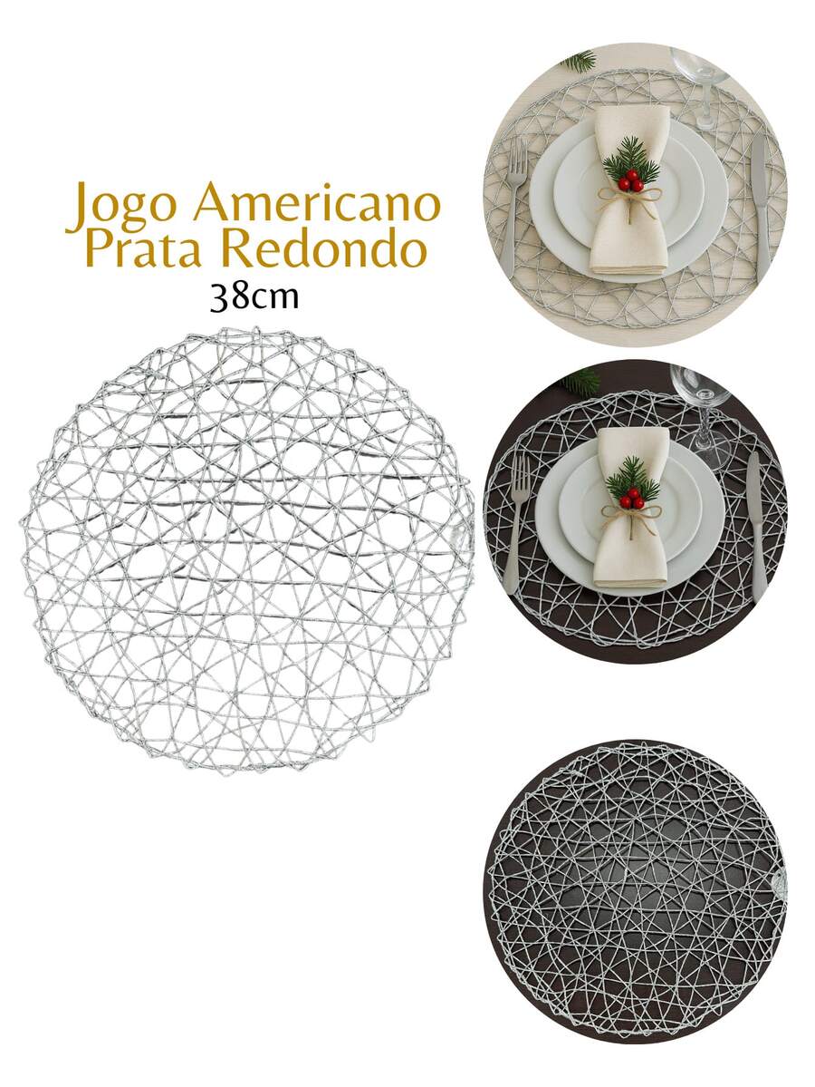 Jogo Americano Natalino Trançado 38cm Redondo Dourado Prata Vermelho Natal Elegante Luxo VMP - Redondo Prata - 2UN - Visão 1