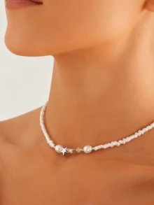 1Pc Silver Color Minimalist Bohemian Vintage Style Necklace Dainty Pearl And 3D Star Charm Combo Adjustable Choker For Daily Wear Travel Holiday Parties Gift