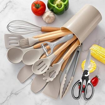 14-Piece Kitchen Cookware Set - Multi-Functional Cooking And Baking Tools - Suitable For Home/Professional Kitchens - Silicone With Heat-Resistant Wooden Handles