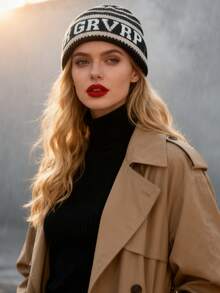 1pc Niche Striped Cuffed Letter Knit Beanie, Casual Versatile Warm Ear Protection Cold Weather Hat, Suitable For Christmas, Parties, Spring Festival, New Year And Other Holidays - Multicolor - View 5