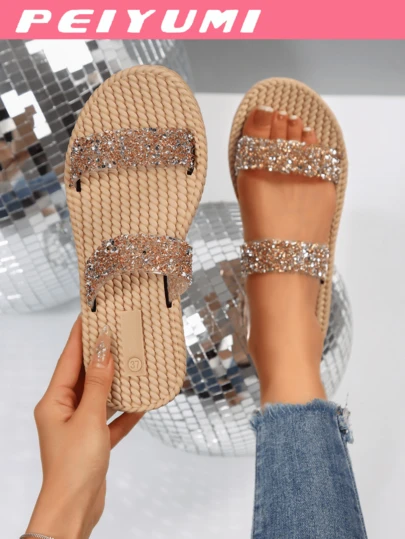 PEIYUMI 女士水钻凉鞋，优雅女士人字拖，时尚沙滩休闲，EVA防滑鞋底，金色凉鞋