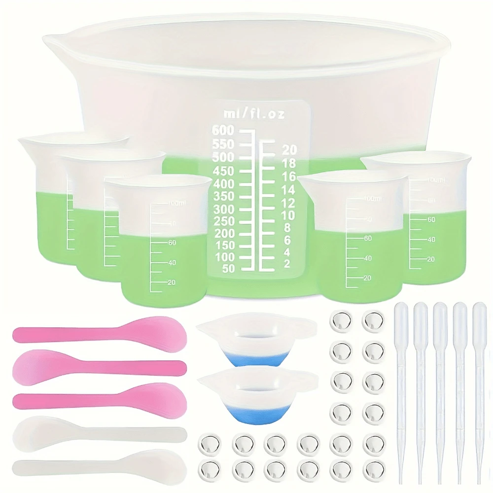 38Pcs Silicone Measuring Cups Set, Round Jewelry Casting Tools With 20.29oz & 3.38oz Mixing Cups, Epoxy Resin Supplies For Molds, DIY Jewelry Making Kit - 38 件組攪拌杯和工具 - 查看 1