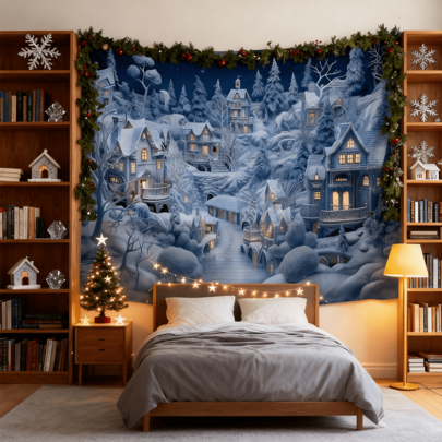 1pc Winter Wonderland Wall Art Village Illumination Scene Tapestry Blue Night Decor Scenic Street Landscape Cozy Warm Indoor Hanging Cloth Artistic Decorative Cloth Background Cloth Wall Painting Nature Decor Tapestry