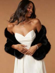 黑色人造毛皮披肩，秋冬季保暖新娘披肩斗篷，柔软舒适的人造毛皮外套披肩 - 黑色 - 查看 1
