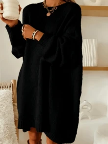 Plus Size Women Knitted Sweater, Elegant, Stylish, Loose Fit, Crew Neck, Long Sleeve, Solid Color, Suitable For Christmas, Autumn/Winter - Black - View 3