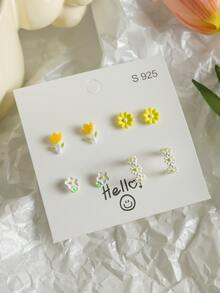 8入組陶瓷噴漆簡約週日耳釘套裝，女性新鮮潮流優雅學生耳環 - 黃色 - 查看 7