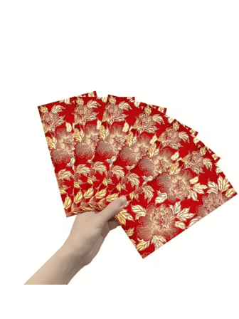 6个装春节红包，红色口袋红包，中国红包，压岁钱礼包，幸运红包，现金礼包，传统祝福，节日礼物，装饰红包，花卉图案，耐用材质，优质纸张，幸运红包，节日场合，假日购物