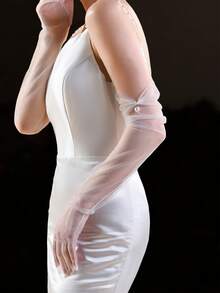 1 Pair Classic Bridal Sheer Long Gloves, Handmade Beaded Mesh Sheer Gloves, Minimalist Tulle Elbow Length Wedding Dress Accessories, Photography Prop Gloves, Wedding Accessories