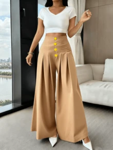 Women's Loose-Fitting Wide-Leg Pants, Solid Color, With Front Buttons And Pleats, Sizes S, M, L - 卡其色 - 查看 4