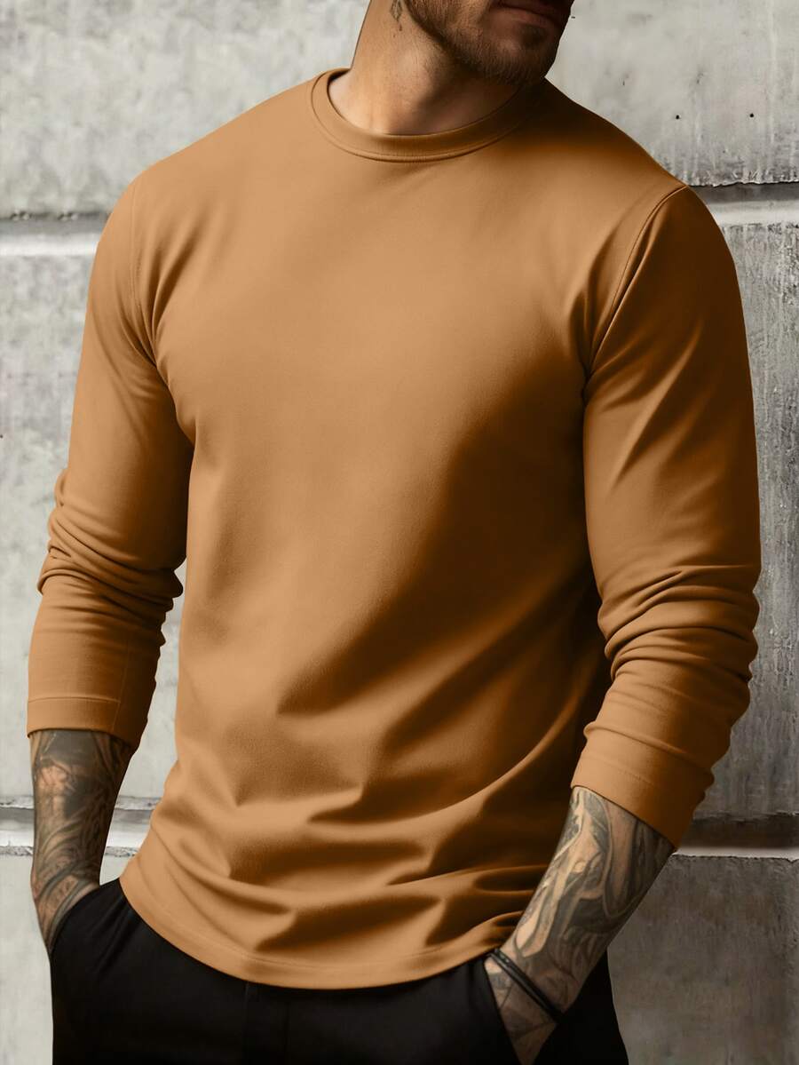 Áo thun nam tay dài cổ tròn màu trơn, đa năng, thường ngày - Màu Khaki - Xem 1