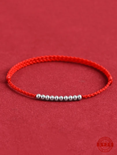 S925纯银“十吉祥”手工编织手链脚链套装，情侣情人节礼物，红色绳子搭配银色珠子，简约设计，配有精美礼盒