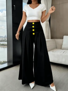 Women's Loose-Fitting Wide-Leg Pants, Solid Color, With Front Buttons And Pleats, Sizes S, M, L - 黑色 - 查看 4