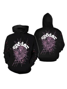 Black Spider Web Hoodie With Sp5der Text, Unisex Streetwear Pullover, Front And Back Pink Web Graphic, Cozy Kangaroo Pocket, Goth Y2K Gift - Nhiều màu - Xem 1
