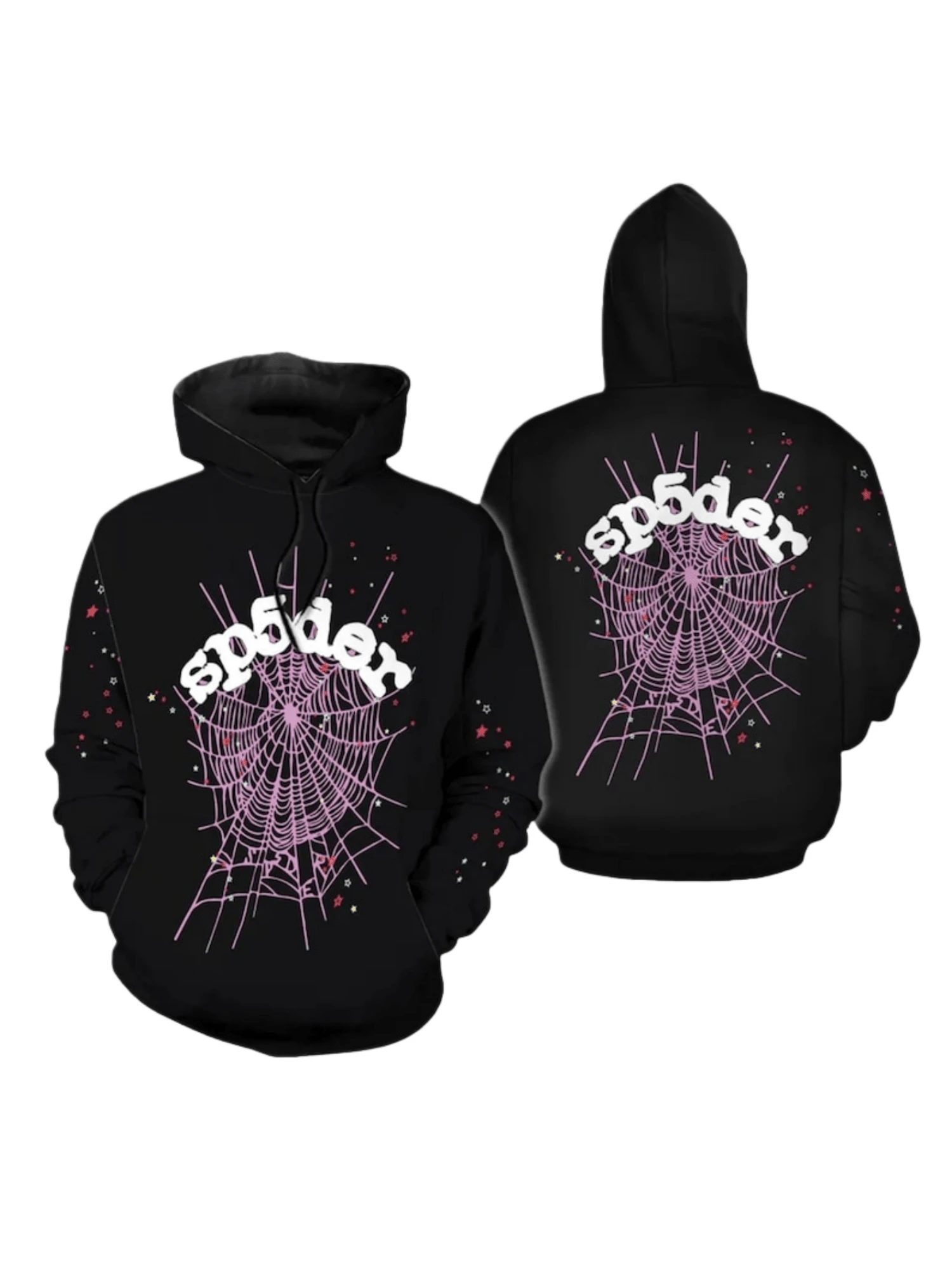Black Spider Web Hoodie With Sp5der Text, Unisex Streetwear Pullover, Front And Back Pink Web Graphic, Cozy Kangaroo Pocket, Goth Y2K Gift - Nhiều màu - Xem 1