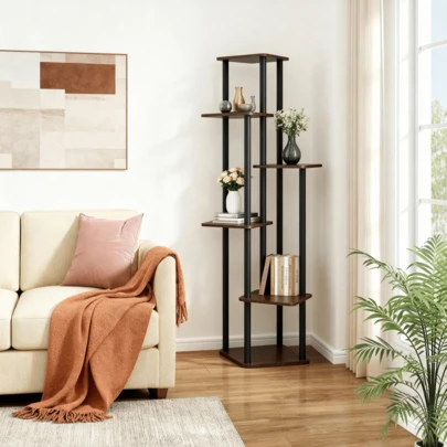 SAEIV 6-Tier Plant Stand, Flower Stand Ladder, 132 Cm High Metal And Wood Flower Bench, Plant Shelf, Plant Ladder, Suitable For Living Room, Balcony, Bedroom, Decorative Plant Ladder, Black