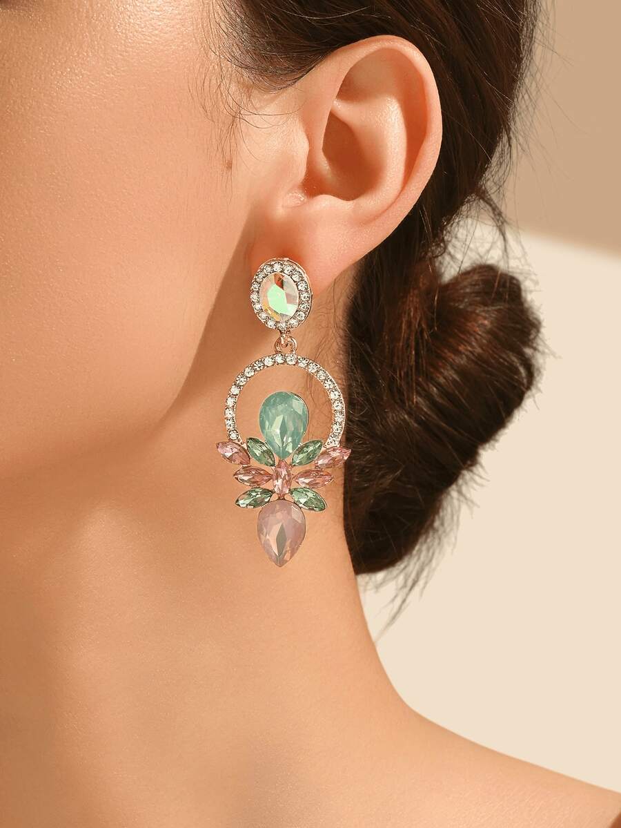 1對柔粉綠色仿寶石吊墜耳環，優雅奢華浪漫女性珠寶，適合婚禮、派對、舞會及其他場合 - E2840-粉綠 - 查看 1