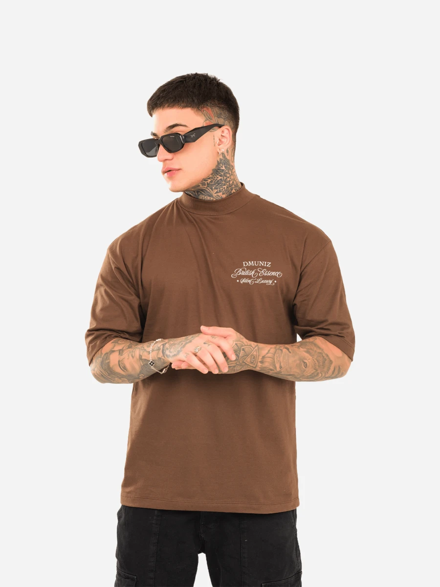DMUNIZ Basic Premium Knit Oversized Streetwear T-Shirt With High Neck And Chest Print - Rust Brown - View 1