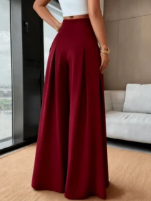 Women's Loose-Fitting Wide-Leg Pants, Solid Color, With Front Buttons And Pleats, Sizes S, M, L - Burgundy - View 3