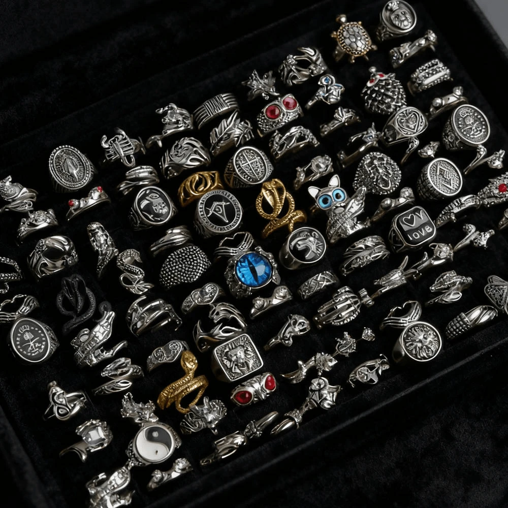 Set de 10/20 piezas de anillos de estilo vintage punk gótico para hombres y mujeres. Los diseños incluyen ojo grande, garra, búho, serpiente, rana, pluma de cocodrilo, corazón. Adecuado para festivales, fiestas, amigos, bares, discotecas, motocicletas, accesorios diarios.