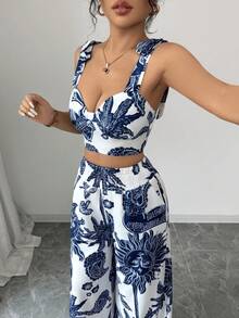 Conjunto de 2 piezas con top corto con tirantes y pantalones rectos con estampado azul y blanco bohemio, conjunto ideal para vacaciones - Azul - Ver 4