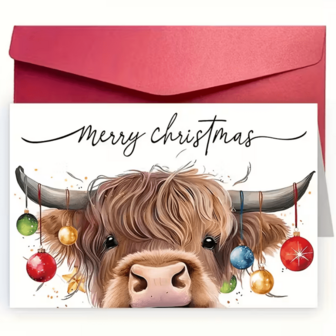 Merry Christmas Greeting Card With Envelope - 1pc, Premium Paper Holiday Note Card For Anyone, Festive Cow Design With Ornaments, Personalized Wishes For Friends & Family, Universal Xmas Celebration Cards