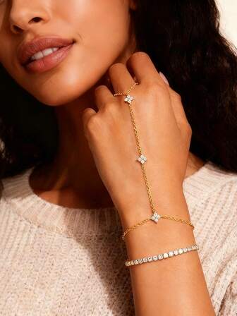 2件套 优雅立方氧化锆四叶草手链