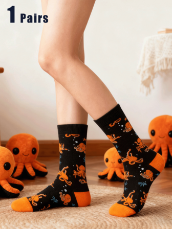 1/2/3 Pairs Men's Mid-Calf Socks, Cute Octopus Design, Warm & Comfortable, Fashionable & Popular, Suitable For All Seasons, Autumn/Winter
